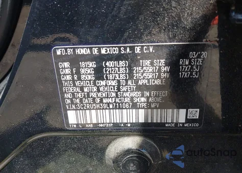 2020 Honda Hr-V 2Wd Lx z USA, uszkodzony, nr VIN 3CZRU5H39LM711067